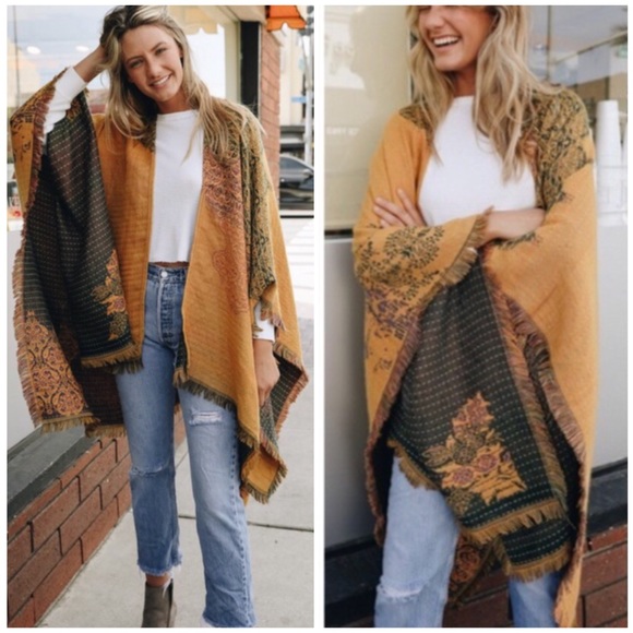 Mustard Floral Medallion Paisley Ruana Boho Wrap - Picture 3 of 5